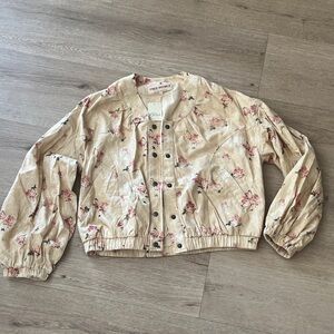 Free People Cream Floral Cropped Bomber Jacket